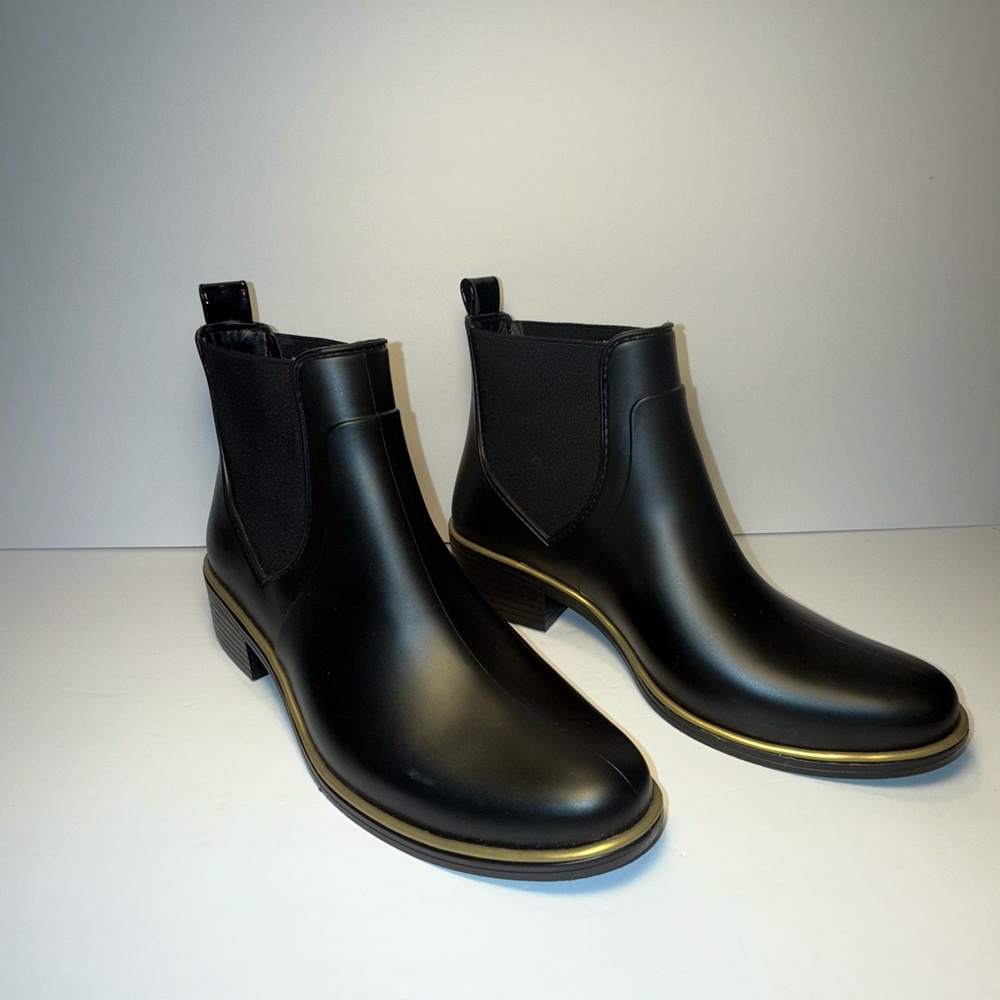 kate spade Black Chelsea Rain Booties with Gold Accent